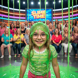 Closeup of young girl with glasses, large expressive eyes, ample blond hair and pale skin. Wearing a light green stripped t shirt and pink shorts. Is smiling widely. Photorealistic.