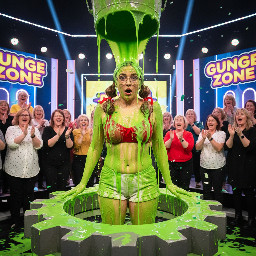 A girl wearing a swimsuit version of the little red riding hood costume and glasses and with low brown, not braided, slightly puffy, pigtails with ribbons. The gunge is getting everywhere on her. She is surprised.