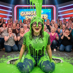 Young teen girl with orthodontic headgear and large glasses, mouth partly open. Close up.