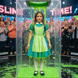 A young girl with brown hair dressed like alice in wonderland from the books version, looking slightly disgusted, embarrassed and surprised from the gunge.