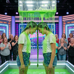 Two smiling teens standing side-by-side, their heads tilted sideways toward each other and pressed firmly together at the temples. Their long hair is tightly gathered and merged at the point of contact to form the base of a single, shared braid. A single, thick braid is braided starting from the shared base between their heads, dangling straight down toward the floor with its free end hanging loose. The bodies are fully facing the viewer.