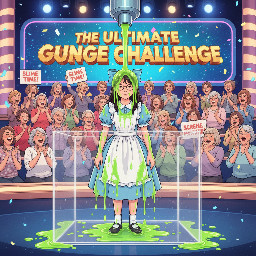 A young teen east asian girl with glasses with thin small frames. She is dressed with the dress and hair bow of alice in wonderland (the book illustration version), and has a shy smile.