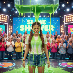 Teen girl with long straight brown hair in two high pigtails (not braided) placed at the back of her head. She is wearing a simple t shirt and shorts. Her posture is timid. The chunky gunge is getting everywhere.