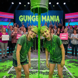 Two smiling tweens standing side-by-side, their heads tilted sideways toward each other and pressed firmly together at the temples. Their hair is gathered and merged at the point of contact to form the base of a single, shared braid. A single, thick braid is braided starting from the shared base between their heads, dangling straight down toward the floor with its free end hanging loose. The bodies are fully facing the viewer with their eyes open wide. They have light brown hair, and one of them is wearing glasses.
