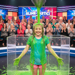 10 year old girl with round face, dirty blond hair and pale skin. Wearing a light blue t shirt and pink shorts. Is short and mostly skinny. Is smiling widely with hands to her sides at shoulder level, palms facing down and dripping slime.