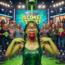 Asian young teen girl with short chin-length hair in two thick short braids ending at ear level, wearing glasses. She is wearing a dark green spagetti strap top, and holds an intact large apple in her wide open mouth. Her hands are on her shoulders. Close up.