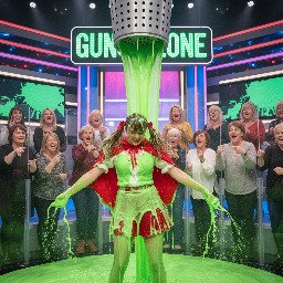 A girl wearing a shorter version of the little red riding hood (with the hood down) and low brown pigtails with ribbons. She is trying to shake the slime off.