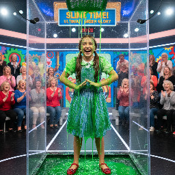 A 12 year old girl with brown hair in two low pigtails (not braided). She is dressed in the dress of dorothy from the wizard of oz and is giggling. elbows are tucked tightly to their ribs while their hands are raised to chest height, palms facing the floor. High tension body language.