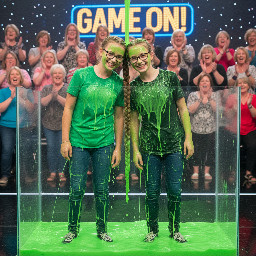 Two giggling young teens standing side-by-side, their heads tilted sideways toward each other and pressed firmly together at the temples. Their hair is gathered and merged at the point of contact to form the base of a single, shared braid. A single, thick braid is braided starting from the shared base between their heads, dangling straight down toward the floor with its free end hanging loose. No loose hairs are dangling out of the braid, with all hair gathered in the dhared braid in the middle. The bodies are fully facing the viewer with their eyes open wide. They have light brown hair, and one of them is wearing rectangular glasses.