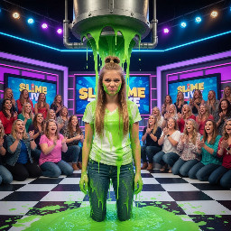 Youthful looking teen with small fountain ponytail on top of the head, remainder of hair loose and straight. Looking playfully angry. Photo from slightly high angle.