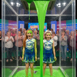 Two middle school cheerleaders, their hair in ponytail tied with ribbon. One has straight ginger hair, the other light brown hair. Looking directly at viewer, surprised giggling little smiles. Close shot.