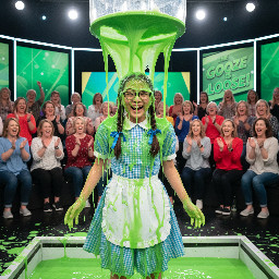 A 14 year old asian girl with glasses and her hair in two low pigtails with ribbons. She is dressed in the dress of dorothy from the wizard of oz and is giggling in surprise.