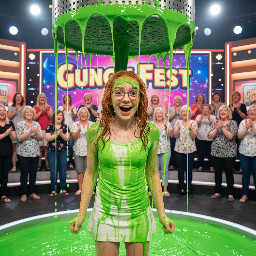 A young tween girl. She has neck-level wavy copper-ginger hair, mostly worn down and partly clipped to the sides. She has glasses with thin frames and small lenses as well as braces. She has sharp facial features, hazel eyes and a heart shaped face dotted with freckles. She is wearing a short skirt and a white spagetti strap shirt. She has here mouth open in playful surprise and her fists are clenched. Photorealistic.