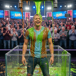 Rob, 21-year-old with blonde hair and blue eyes covered in thick gloopy brown gunge.
