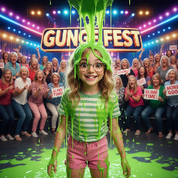 Closeup of young girl with glasses, large expressive eyes, ample blond hair and pale skin. Wearing a light green stripped t shirt and pink shorts. Is smiling widely. Photorealistic.