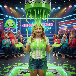 Tween with small ponytail at back of the head, remainder of blond hair loose and wavy. Curvy frame but not fat. Looking playfully disgusted and dripping gunge from hands raised to sides body level..