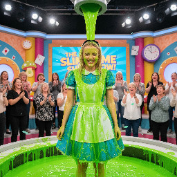 A girl dressed like and looking like alice in wonderland, laughing lightly in embarrassement and surprise.