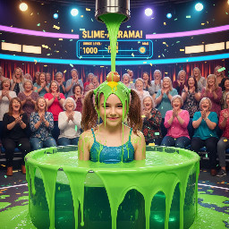 Tween girl with shoulder length brown hair in two high pigtails. She has a timid laugh of embarressment. She is wearing a blue spagetti top. A broken egg is on the top of her head, dripping yolk and bits of eggshell.