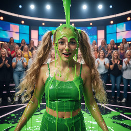 Young teen with very long blond wavy hair in high pigtails. Wearing green spagetti strap shirt. Has glasses with rectangular medium sized frames. Mouth partly open in playful surprise. Photorealistic.