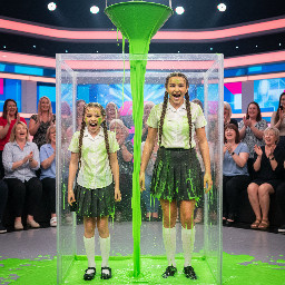 Two middle school girls wearing a summer british school uniform (no blaizer). One has a childish figure and the other a more developed one. Each has her brown lush hair is in two braids and her mouths is partly open in laughing surprise. Photorealistic.