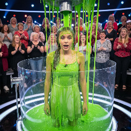 Teen girl with strong jaw, large eyes and hazel-brown hair in a half-up ponytail, wearing a light green dress with spagetti straps. Mouth partly open showing braces, looking directly at viewer.