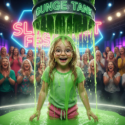 Closeup of young girl with glasses, large expressive eyes, ample blond hair and pale skin. Wearing a light green stripped t shirt and pink shorts. Is smiling widely. Photorealistic.