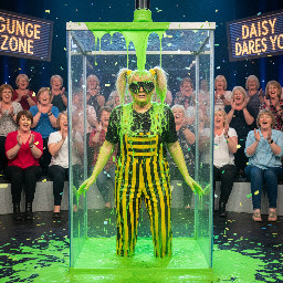 Daisy Dares You from Zzzap with her hair in pigtails, wearing yellow and black dungarees