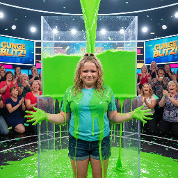 Tween with small ponytail at back of the head, remainder of blond hair loose and wavy. Curvy frame but not fat. Looking playfully disgusted and dripping gunge from hands raised to sides body level..