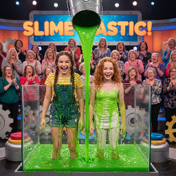 Two tween girls. One has her mouse-brown hair in two shoulder length braids. She has sharper facial features and a trapizoid headshape. She is wearing denim shortalls over a stripped yellow shirt. The other has wavy just-past-the-shoulders copper-ginger hair, mostly worn down and partly held back. She has soft facial features, hazel eyes and an oval face dotted with freckles. She is wearing tights and a spagetti strap white shirt. They are giggling in surprise.